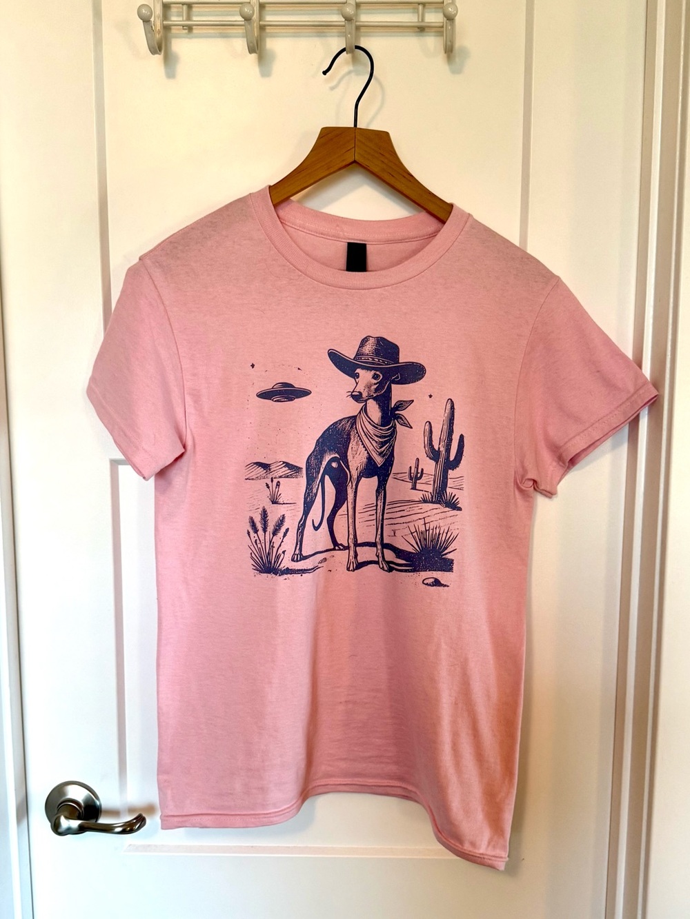 Whimsical Gildan Pink Tee with Navy Desert Dog Graphic - S